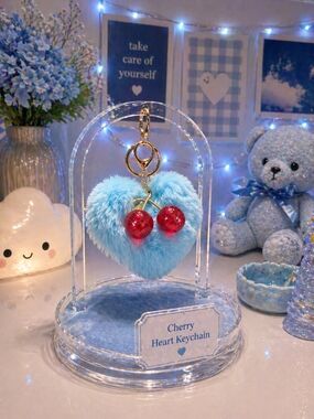 Blue Fuzzy Heart Keychain with Red Cherry Charm